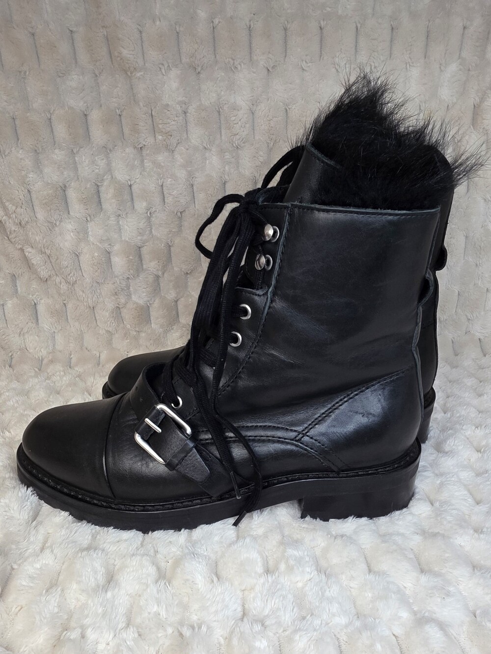 ALLSAINTS Black Leather Shearling Donita Combat Boots - Picture 9 of 11